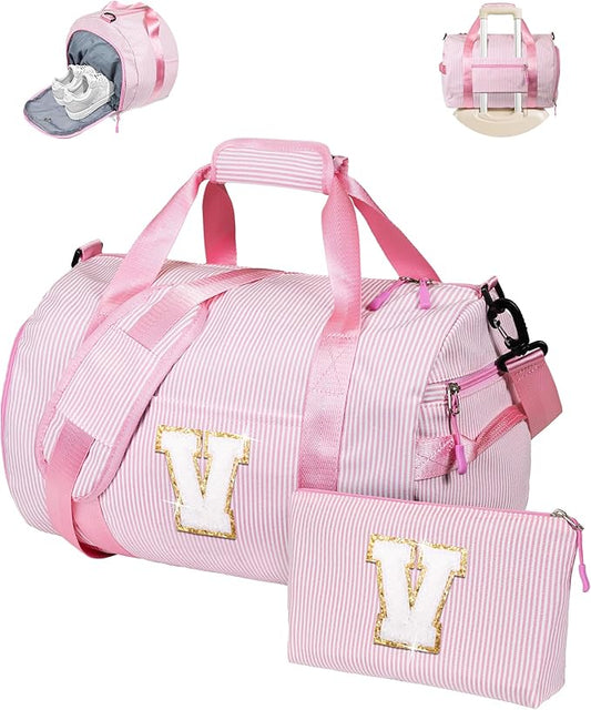 Girly Trendy Stuff, Girls Travel Duffle Bag, Kids Initial Overnight Bags with Shoe Compartment, Personalized Weekender Bag with Makeup Pouch, Holiday Gift for Grandkids (Letter V)