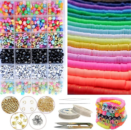 Clay Beads Jewelry Making Kit 10,500PCS - Complete Bracelet Making Kit for Kids with Flat Beads, Polymer Clay Flat Letter Beads, Preppy Bracelet Kit for DIY Heishi Bead Kit