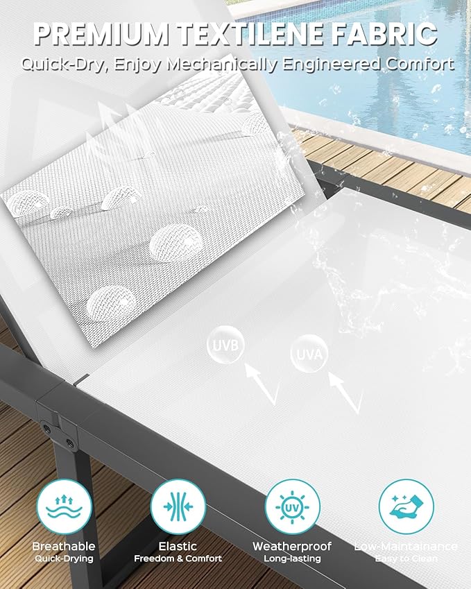 Aluminum Chaise Lounge Outdoor Set of 2, Foldable & Assembly Free Patio Pool Lounge Chairs 5-Position Recliner for Outside Poolside, Fully grounded legs Sun Lounger for Beach, Yard, Bright White