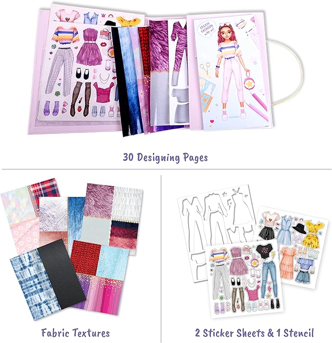 BSCOOL Fashion Studio Drawing, Coloring & Little Designer Creativity Book for Kids 4 and Up with Stickers, Stencils, Textures - Creative Fashion Design Sketchbook for Girls