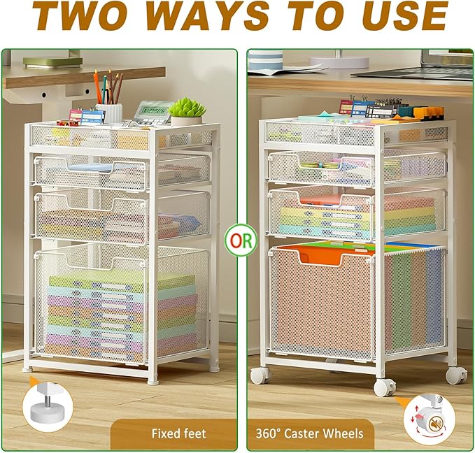 Rolling File Cart with 3 Storage Drawers, Under Desk Filing Cabinet with DIY Divider, Hanging File Folder Organizer on Wheels, Fits A4/Letter Size, Metal Utility Cart for Home Office, White