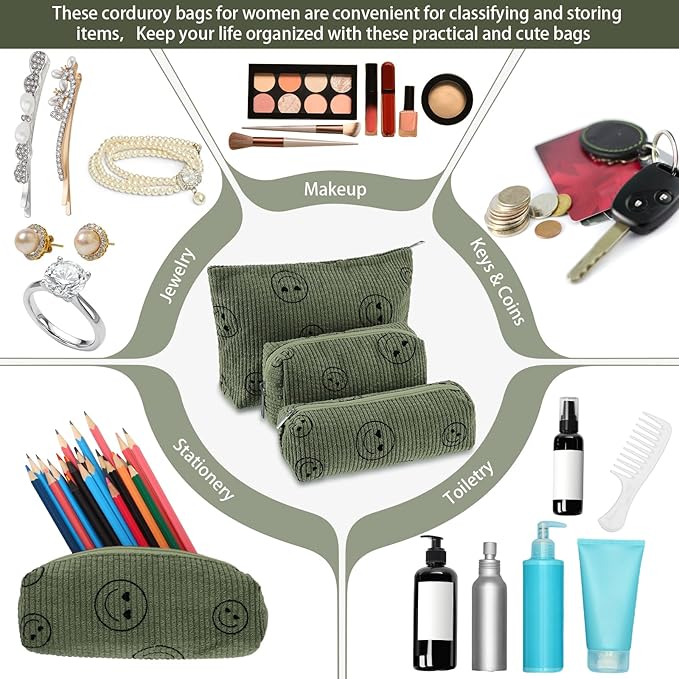 Huhumy 3 Pcs Makeup Bag Set for Women Corduroy Cosmetic Pouch Aesthetic Smile Travel Toiletry Bag Cute Purse Pouch Pencil Case Makeup Brushes Storage Organizer for Valentine(Army Green,Smile Face)