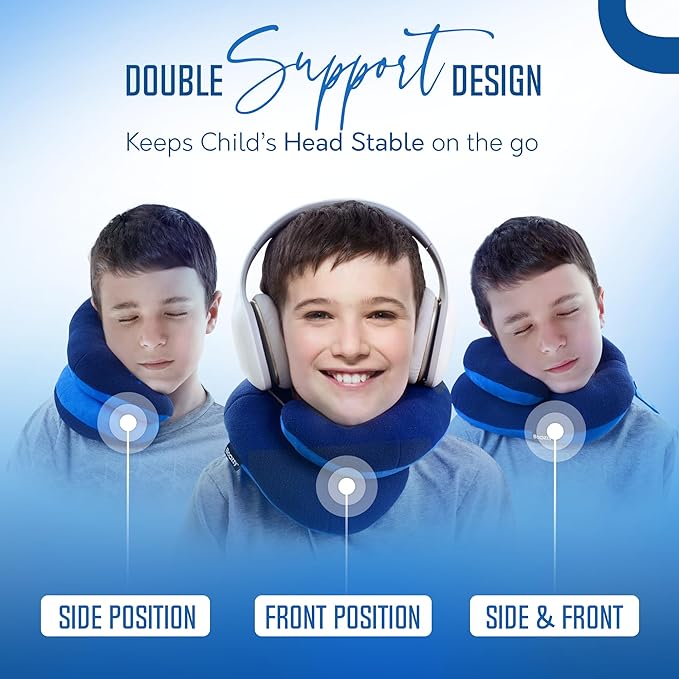 BCOZZY Kids Chin Supporting Travel Pillow for Ages 8–12- Patented Soft Neck Pillow for Head and Chin Support in Car Seat and Airplane. Comfortable Travel Essential. Medium Size, Bag, Light Blue