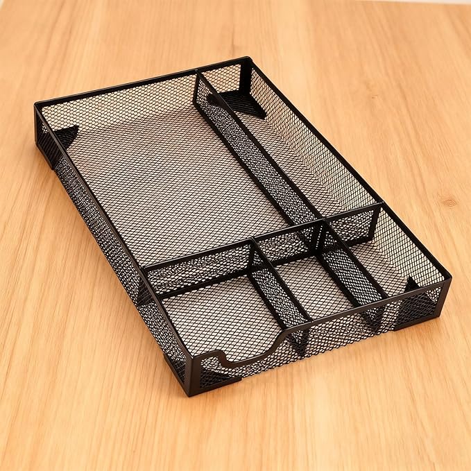 Pssopp Desk Drawer Organizer Tray, 5 Dividers Ventilated Mesh Space Saving Stationery Pen Pencil Organizers with anti Slip Pads for Office Supplies Makeup Vanity Desktop (Black)