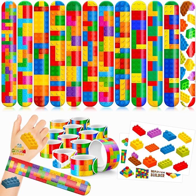 48PCS Building Block Party Favors - 24PCS Tattoos & 24PCS Slap Bracelets - Birthday Party Supplies, Classroom Prizes, Carnival Gifts, Christmas Decorations for Boys & Girls