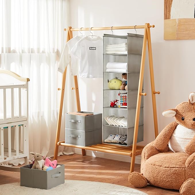 MAX Houser 6 Tier Shelf Hanging Closet Organizer, Closet Hanging Shelf with 2 Sturdy Hooks for Storage, Foldable (Light Grey-D3)