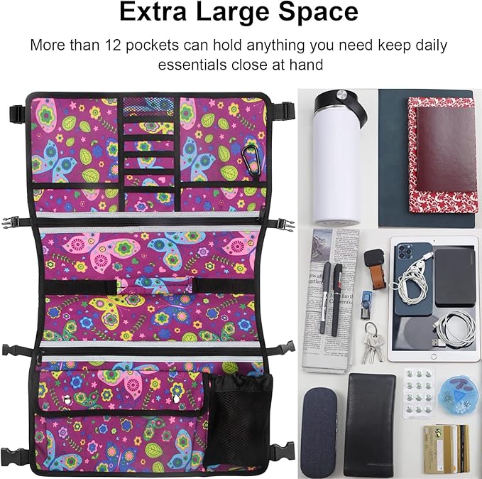 Wheelchair Storage Bag, Double-Sided Armrest Pouch with Cup Holder and Reflective Strip, for Wheelchairs and Walkers (Purple Butterfly)