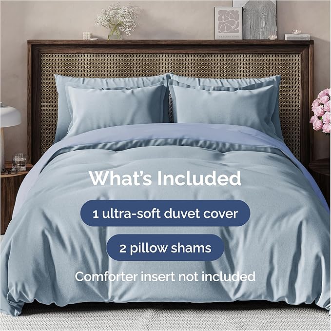 CGK Unlimited Duvet Cover Queen Size Set - Extra Soft Queen Size Duvet Cover 90 x 90 with 2 Pillow Shams - Hotel Quality w/Zipper Closures & Ties - Bedding and Bed Linens Set (Heathered Blue)