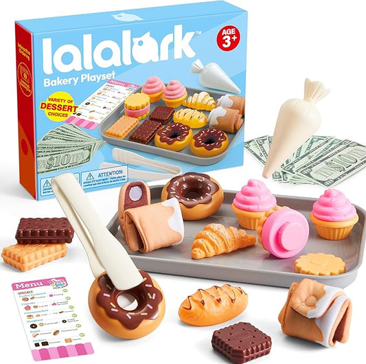 Cookie Play Food Set, Toddler Pretend Toys, 17 PCS Kitchen Toy Food Sets with Plastic Cookies, Baking Menu, Bakery Tray, and Play Money for Boys and Girls, Birthday Gift for Kids