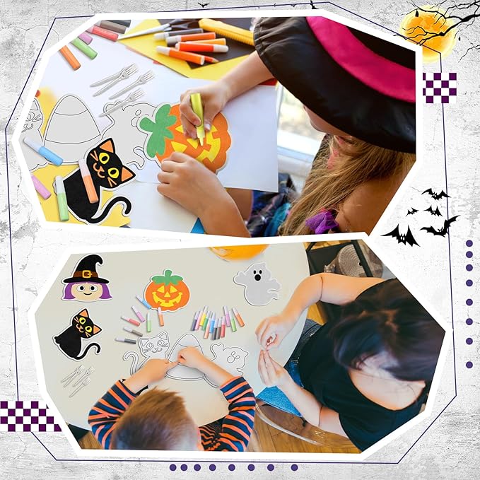 24 Sets Halloween Sand Art Craft Kit for Kids Halloween Pumpkin Candy Ghost Witch Cat Bat Painting Kit with Colored Sand Brushes Create Your Own Sand Art for Halloween Party Fun Activities