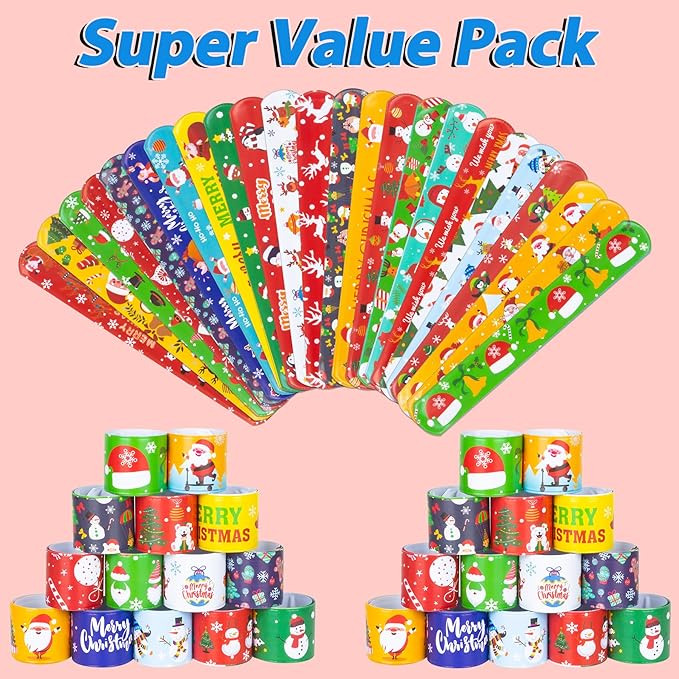 48 Pieces Christmas Slap Bracelets for Kids, 24 Styles Colorful Christmas Slap Wristbands Bulk for Kids Christmas Party Favors Toys Prizes Goodie Bags Fillers