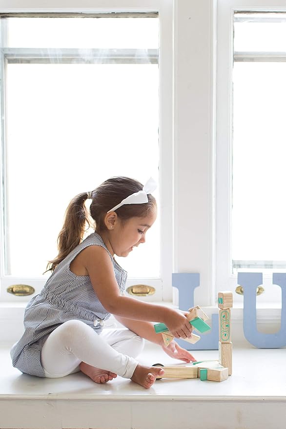 Tegu Robo Magnetic Wooden Block Set, Electric Aqua, 8 PIECE