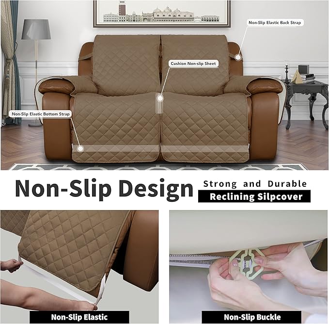 Easy-Going Loveseat Recliner Cover, Reversible Couch Cover for Double Recliner, Split Sofa Cover for Each Seat, Furniture Protector with Elastic Straps for Kids, Dogs, Pets(2 Seater, Camel/Ivory)