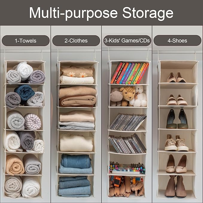 StorageWorks 6-Shelf Hanging Closet Organizer, Hanging Shelves for Closet, Fabric, Mixing of Beige, White & Ivory, 12" D x 12" W x 47 1⁄2" H