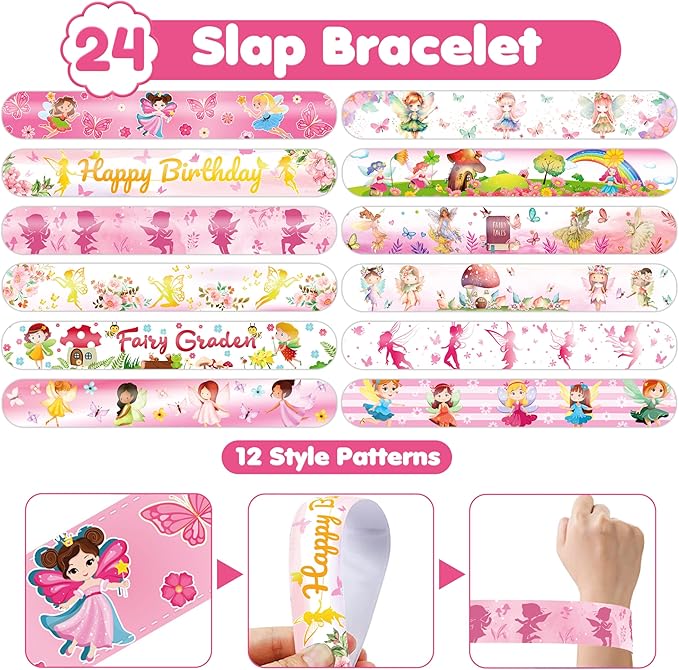 48PCS Fairy Party Favors - 24 Tattoos & 24 Slap Bracelets, Ideal for Fairy-Themed Birthdays, Baby Showers, and Classroom Rewards for Kids