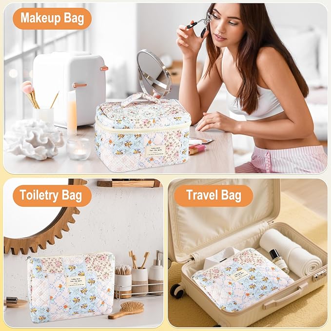 URSKYTOUS 3Pcs Cotton Quilted Makeup Bag for Women Girls Large Small Travel Floral Cosmetic Bags Set Cute Coquette Makeup Pouch for Purse Aesthetic Cloth Bee&Flower Storage Toiletry Bag Organizer