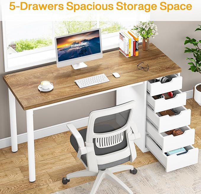 Tribesigns Computer Desk with 5 Drawers, 47 inches Rustic Brown Home Office Desk with Storage, Modern Simple Laptop Desk Study Writing Table for Small Spaces (1, Walnut+White)