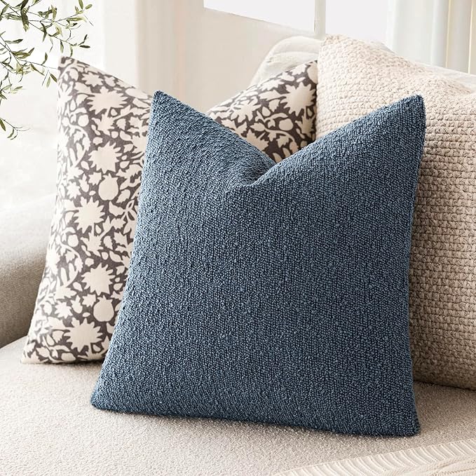 Foindtower Pack of 2, Decorative Textured Boucle Throw Pillow Covers Accent Solid Pillow Cases Cozy Soft Couch Cushion Case for Chair Sofa Bedroom Living Room Home Decor 22x22 Inch Dark Blue