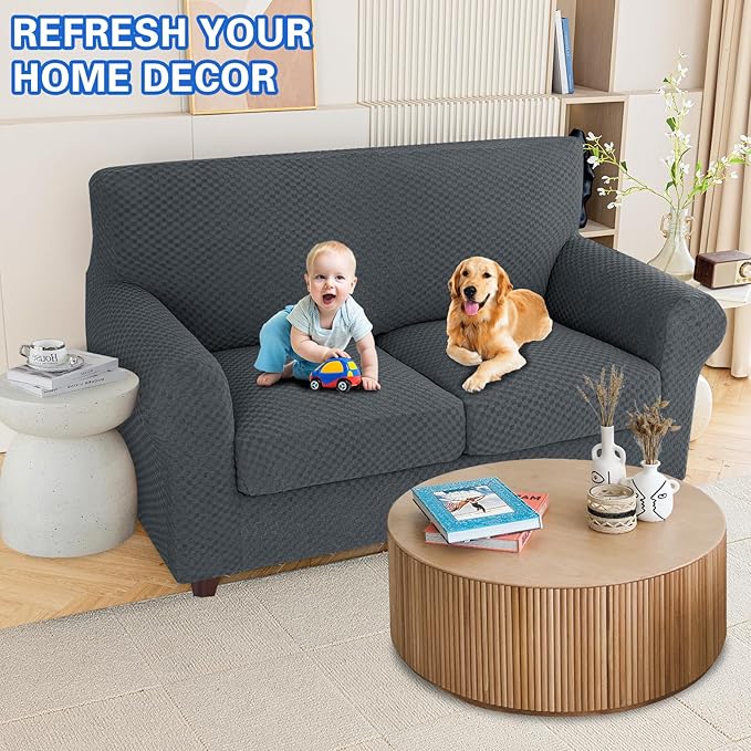 MAXIJIN 3 Piece Jacquard Couch Covers for 2 Cushion Couch Stretch Non Slip Love Seat Couch Cover for Dogs Pet Friendly Elastic Furniture Protector Loveseat Slipcovers (Loveseat, Dark Gray)