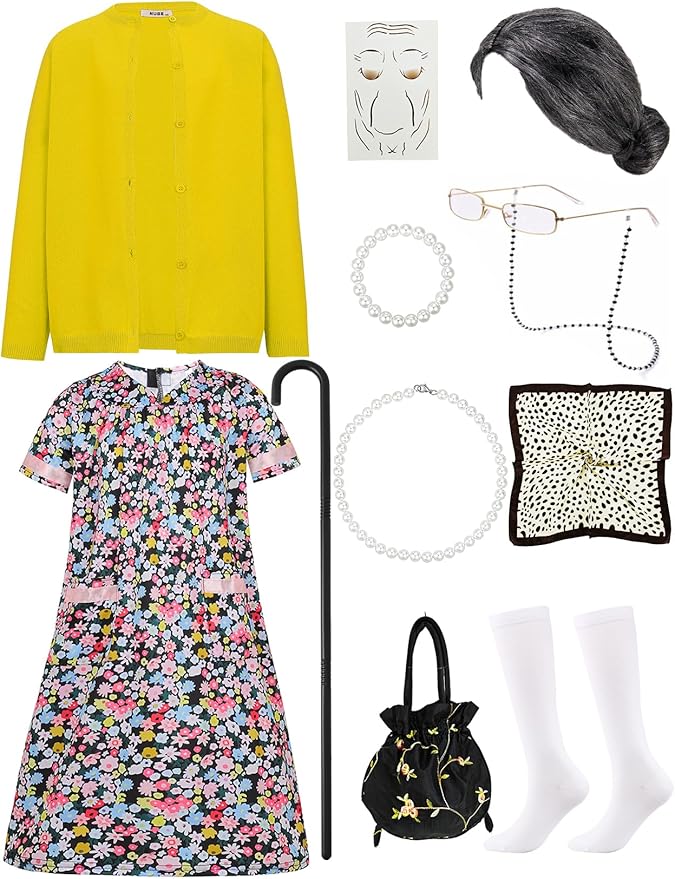 Kids Old Lady Costume for Girls 100 Day of School Costume Girls Grandma Costume Dress 100th Day of School Costume