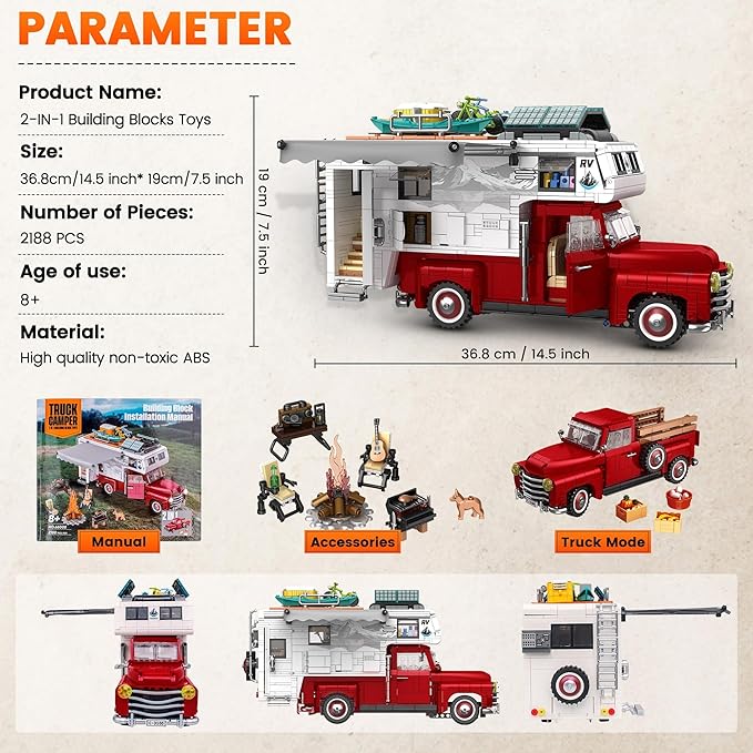 Camper Van Buliding Block for Adults, 2 in 1 Include Camper Rvs and Farm Pick-up Trucks Building Block Gift for Teens and Adults, Farm Trucks Building Set Present for Kids, 2188Pcs