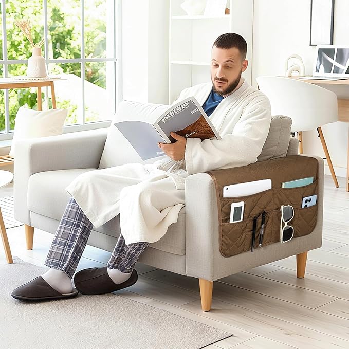 Remote Control Holder for Recliner,Armchair Caddy,Non Slip Sofa Armrest Storage Organizer for Recliner Couch with 6 Pockets for TV Remote,Cell Phone,Magazine (Brown)