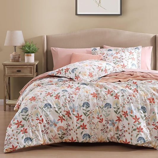 CASAAGUSTO King Comforter Set, 7 PCS Clay Pink Floral Comforter Set with Flowers Leaves Pattern, Soft Seersucker Design All Season King Size Bedding Set(102"X90")