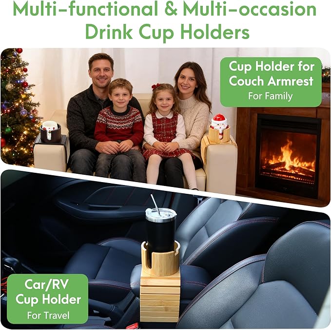 SINWANT Couch Cup Holder, Bamboo Couch Drink Holder for Large Coffee Mug,Non-Slip 360° Rotation 2 in 1 Sofa Cup Holder & Phone Stand, Clip on Sofa RV Car Armrest for Water Bottles,Cans,Wine