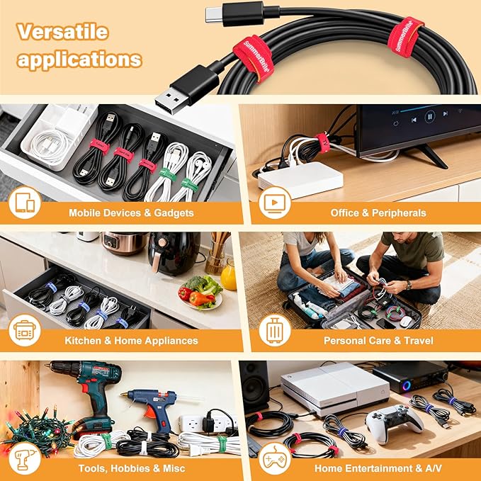 SummerBrite 70 Pack Multi-Color Cable Ties 8 Inch with Writable Labels, Reusable Cord Organizer Straps, Hook & Loop Wire Management for TV, Audio, Ethernet, Electronics & Heavy Duty Cords