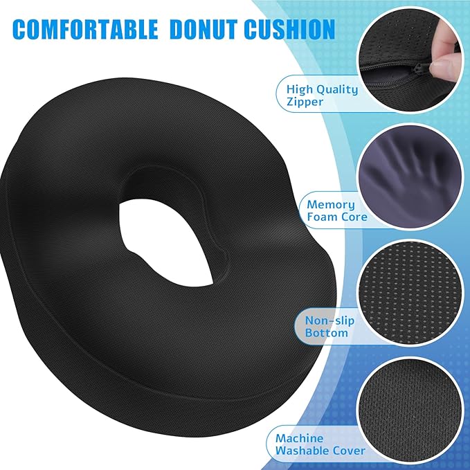 BlissTrends Donut Pillow Seat Cushion, Donut Chair Cushions for Postpartum Pregnancy&Hemorrhoids, Tailbone Pain Relief Cushion, Memory Foam Lifting Cushions for Office & Home Chairs (Black, XX-Large)