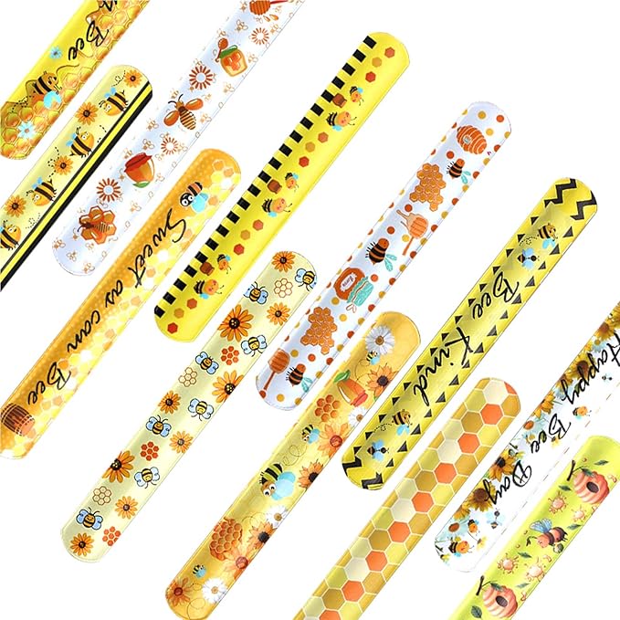 48pcs Bee Slap Bracelets Honeycomb Wristbands Assorted Color Bee Theme Party Favors Sunflower Wristband Honeybee Yellow Bee Birthday Slap Bands Baby Shower for Classroom Prizes