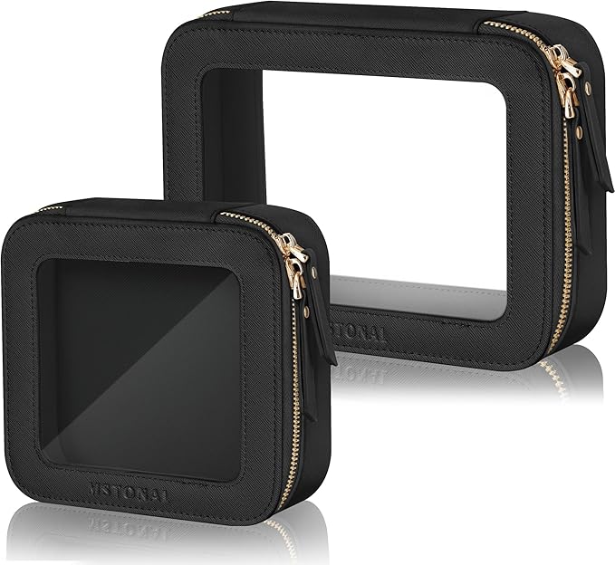 MSTONAL Clear Makeup Bag, Travel Toiletry Bag Cosmetic Case for Women, Waterproof Portable Make Up Skincare Pouch with Zipper, Compact Car Organizer Bag for Essentials, Mini & Medium, Black