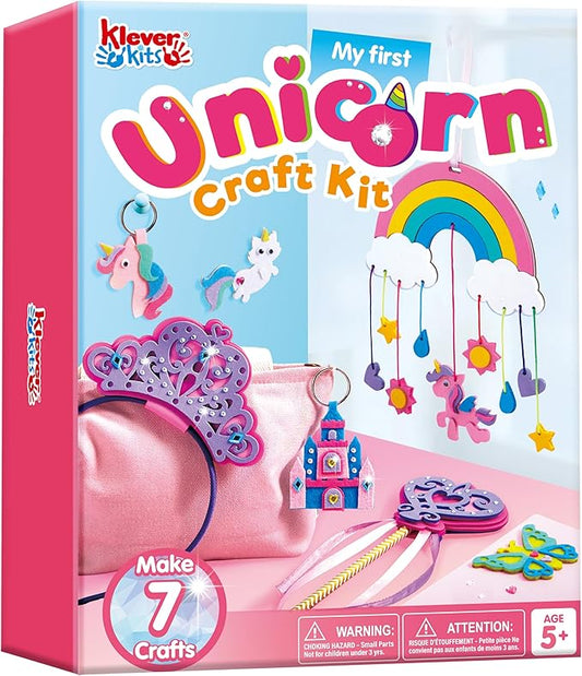 Klever Kits Unicorn DIY Craft Kit for 7 Projects, Make Your Own Unicorn Art, Castle, Dreamcatcher, Tiara, Wand, Birthday Gift, Craft Kits for Kids Ages 5+