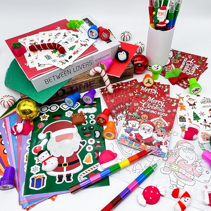 Cinrobiye 144 Pcss Merry Christmas Party Favors Max Holiday Coloring Books Tattoo DIY Sticker Stampers Class Reward Prizes for Christmas Holiday Winter Party supplies (Christmas2)