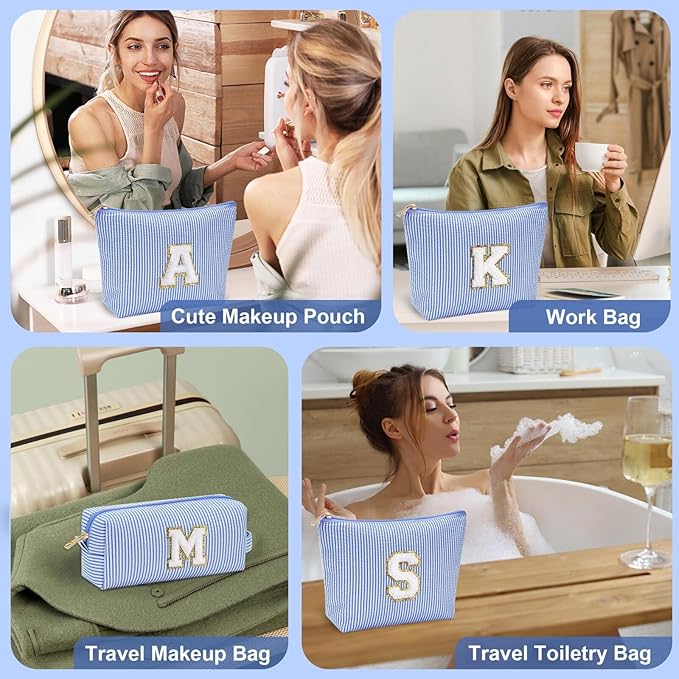 YOOLIFE Initial Makeup Bag for Women, Initial Cosmetic Bag Travel Toiletry Bags for Women Mom Birthday Gifts for Girls Mom Daughter Teacher Sister Kids Teen Girl Gifts Blue E