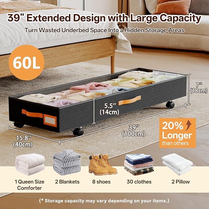 Under Bed Storage with Wheels 39inch, Extra Long Underbed Storage Containers 60L Large Capacity Rolling Under Bed Storage with Clear Lids,XXL Shoe Organizer Under Bed for Bedroom, Closet, Drawers,Toys