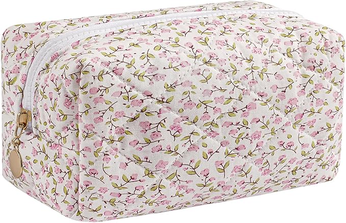 HHQQWZ Makeup Bag Travel Cosmetic Bag for Women Girls, Zipper Make Up Pouch, Floral Flowers Toiletry Organizer Makeup, Portable Storage Cosmetic Travel Cloth Bag (Pink Floral)
