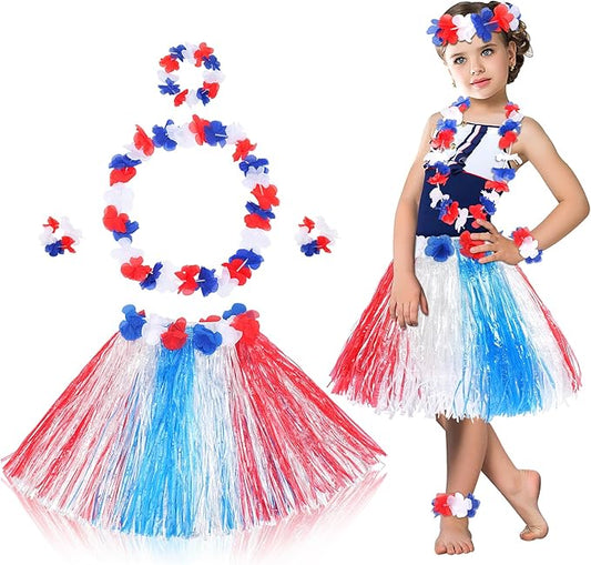 Fortuning's JDS Hawaiian Hula Grass Skirt for Girls Elastic Flower Costume Outfits for Summer Luau Beach Party Decor