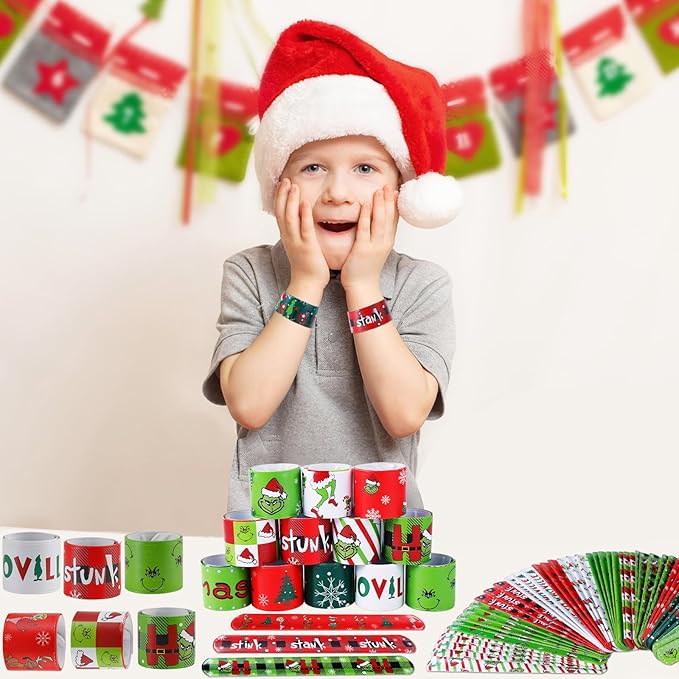48PCS Christmas Slap Bracelets, Christmas Party Favors Toys for Kids Xmas Slap Wristbands Snap Bracelets Bulk for Christmas Stocking Stuffers Decoration Gifts Bag Filler