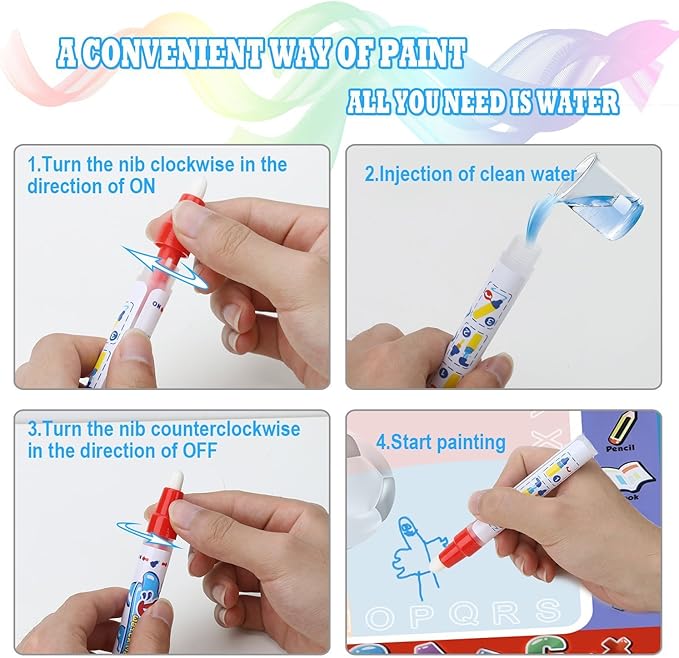 Alago Aqua Coloring Mat,Kids Toys Large Water Painting Mat,Toddlers Doodle Pad with 4 Colors,Gifts for Girls Boys Age 3 4 5+ Years Old,4 Pens,Drawing Molds and Booklet Included