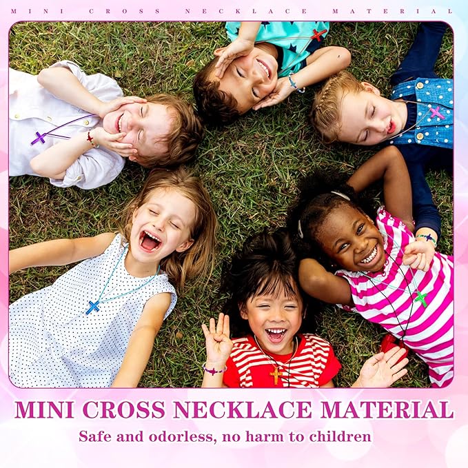 48 Pcs Cross Necklaces Christian Religious Party Favors Include 24 Plastic Crystal Cross Necklace DIY Craft Gifts with 24 Bracelet for Vacation Bible Prize Favor (Cross)