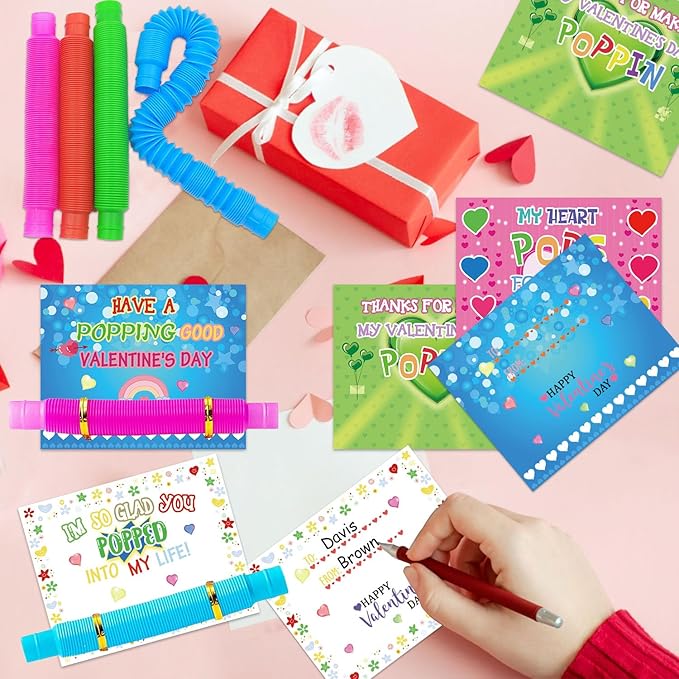32 Pack Valentines Day Gifts for Kids, Valentines Day Cards for Kids with Pop Tubes, Stress Relief Fidget Toys for Valentine Classroom School Exchange Prizes Party Favors Supplies