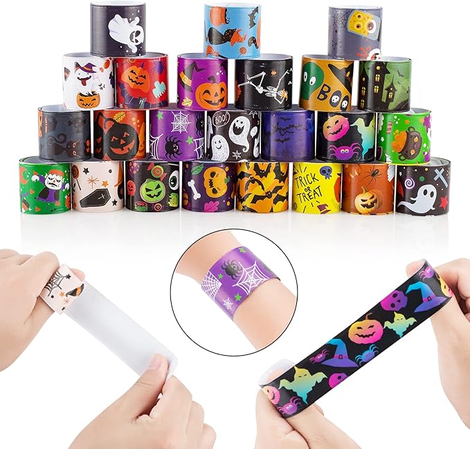 Halloween Slap Bracelets for Kids Halloween Slap Bracelets Bulk Snap Bracelet Party Supplies Favors Classroom Prizes Exchanging Gifts (48)