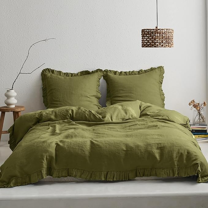 Simple&Opulence 100% Linen Duvet Cover Set, 3 PCS Natural French Flax Ruffle Duvet Cover Queen Size, Breathable Comfy Linen Bedding Comforter Cover with 2 Pillowcases (Olive Green, 88" X 92")