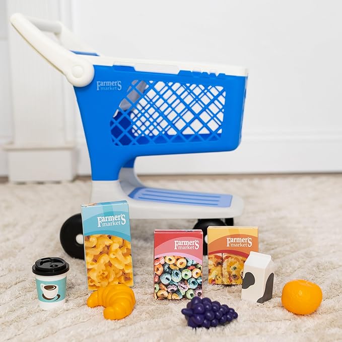 Let's Go Shopping Pretend Scan & Sort Shopping Cart, Includes Pretend Food, Blue Shopping Cart for Kids Age 2+