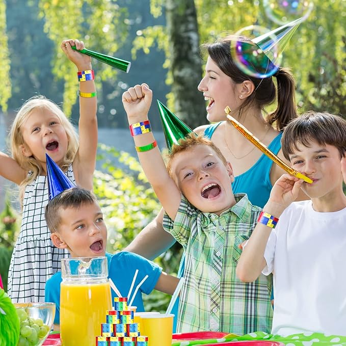 Civaner 48 Pieces Building Blocks Party Favors Building Block Slap Bracelets Silicone Wristband Color Brick Party Slap Bracelet Building Blocks Bracelets for Colorful Birthday Party Favors