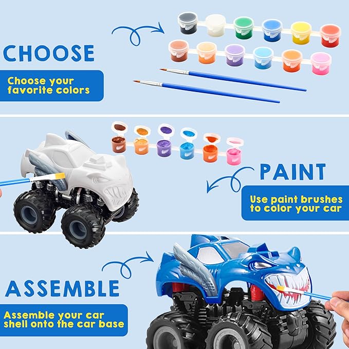 JOYIN Kids Craft Kit Build & Paint Your Own Monster Car Art & Craft Kit DIY Toy Set Make Your Own Monster Friction Powered Truck, Presents for Kids