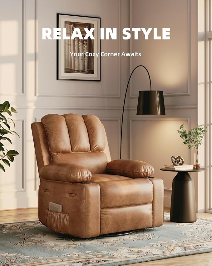 27'' Leather Recliner Chair Oversized, Overstuffed Manual Recliner Chair, Single Sofa for Adults, with Cup Holder and Side Pockets, for Living Rooms, Max Weight 400 lbs, Vintage Leather