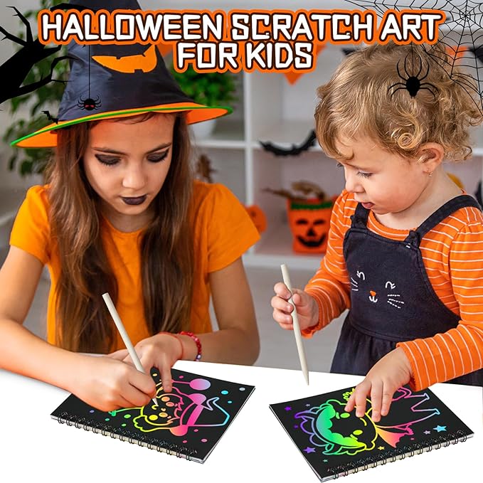 Halloween Scratch Art Party Favors: 16 Pack Rainbow Scratch Notebook Paper Party Favors for Kids Halloween Goodie Bags Stuffers Girls Boys Art Craft Birthday Gifts for Students Classroom Crafts