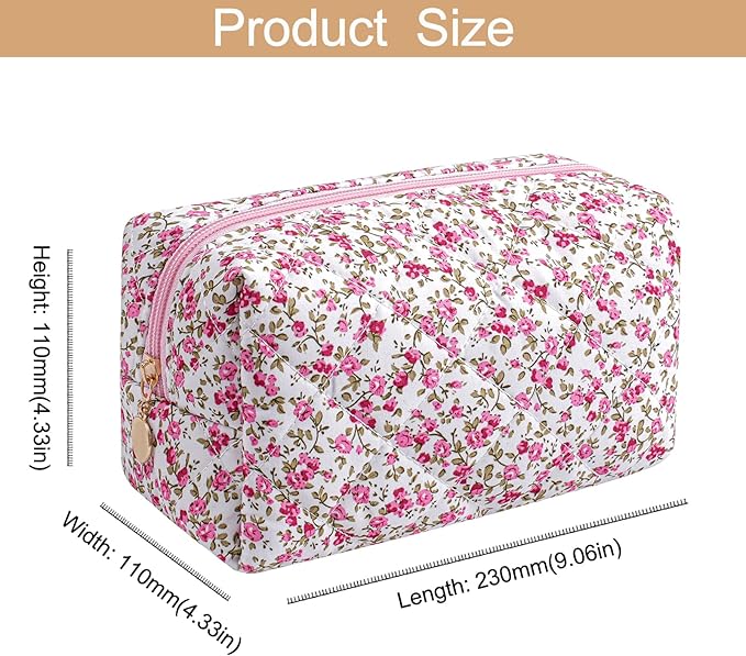 HHQQWZ Makeup Bag Travel Cosmetic Bag for Women Girls, Zipper Make Up Pouch, Floral Flowers Toiletry Organizer Makeup, Portable Storage Cosmetic Travel Cloth Bag (Pink Bow Tie+Flower-Red)